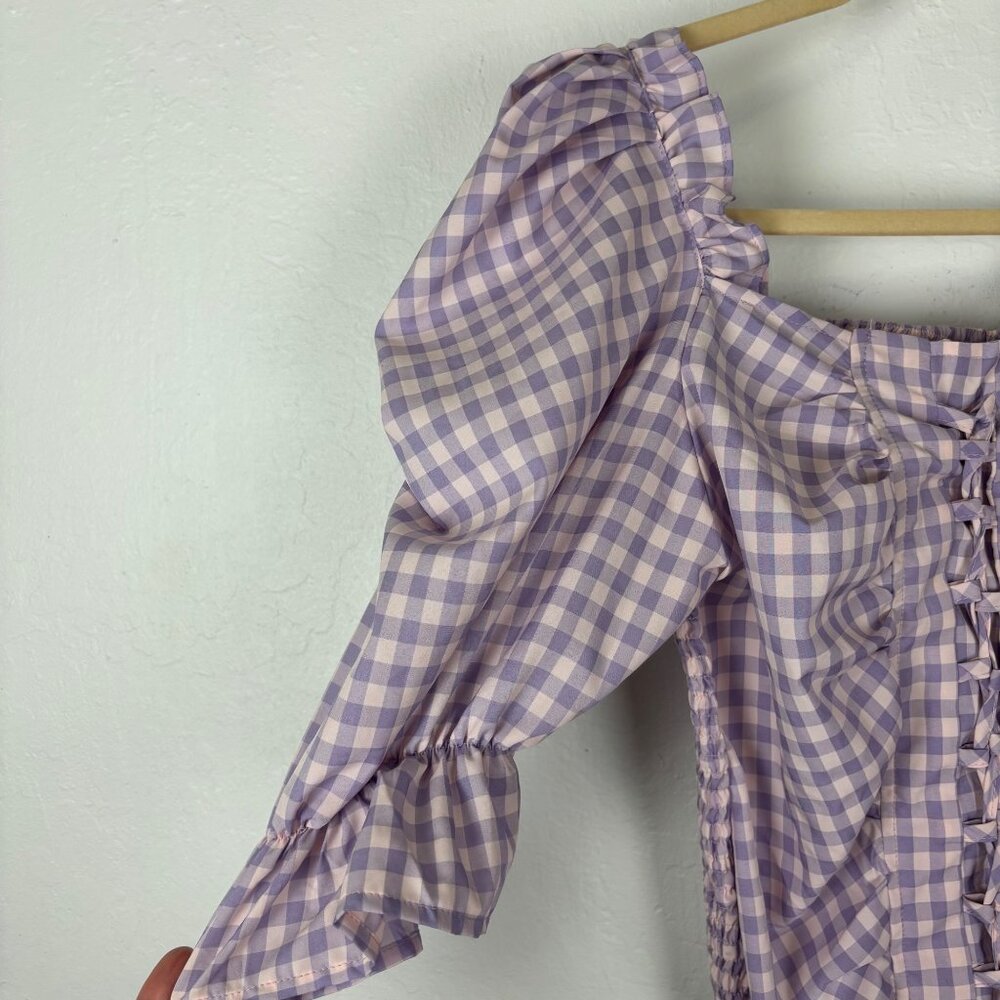 Pastel M Purple Pink Gingham Puff Sleeve Lace-Up Corset Blouse Coquette Top - Picture 3 of 5